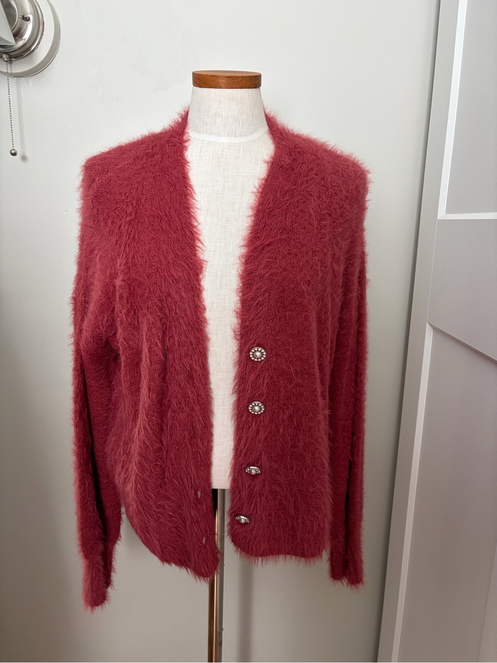 Cozy Faux-Fur Button Cardigan Sweater - Dusty Rose